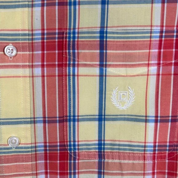 Chaps Mens Easy Care Plaid Short Sleeve Button Down Shirt Yellow Orange Blue M - Picture 3 of 9